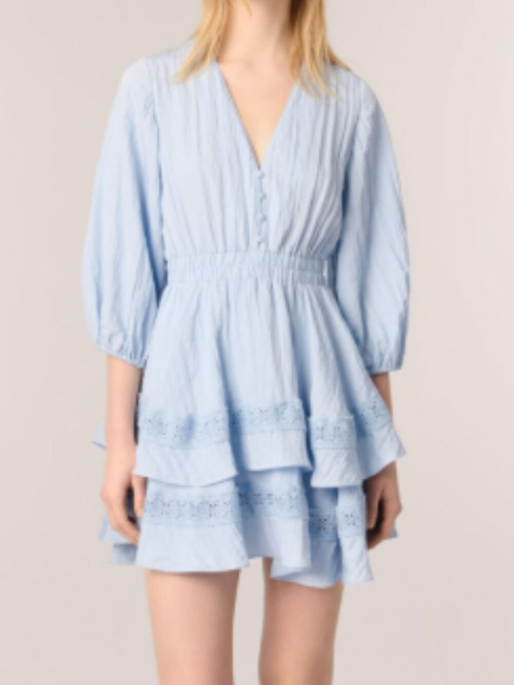 ✨ Maje Rapapamy Dress Sky Blue with Ruffles and Lace Details Size FR 42/ US XL ✨